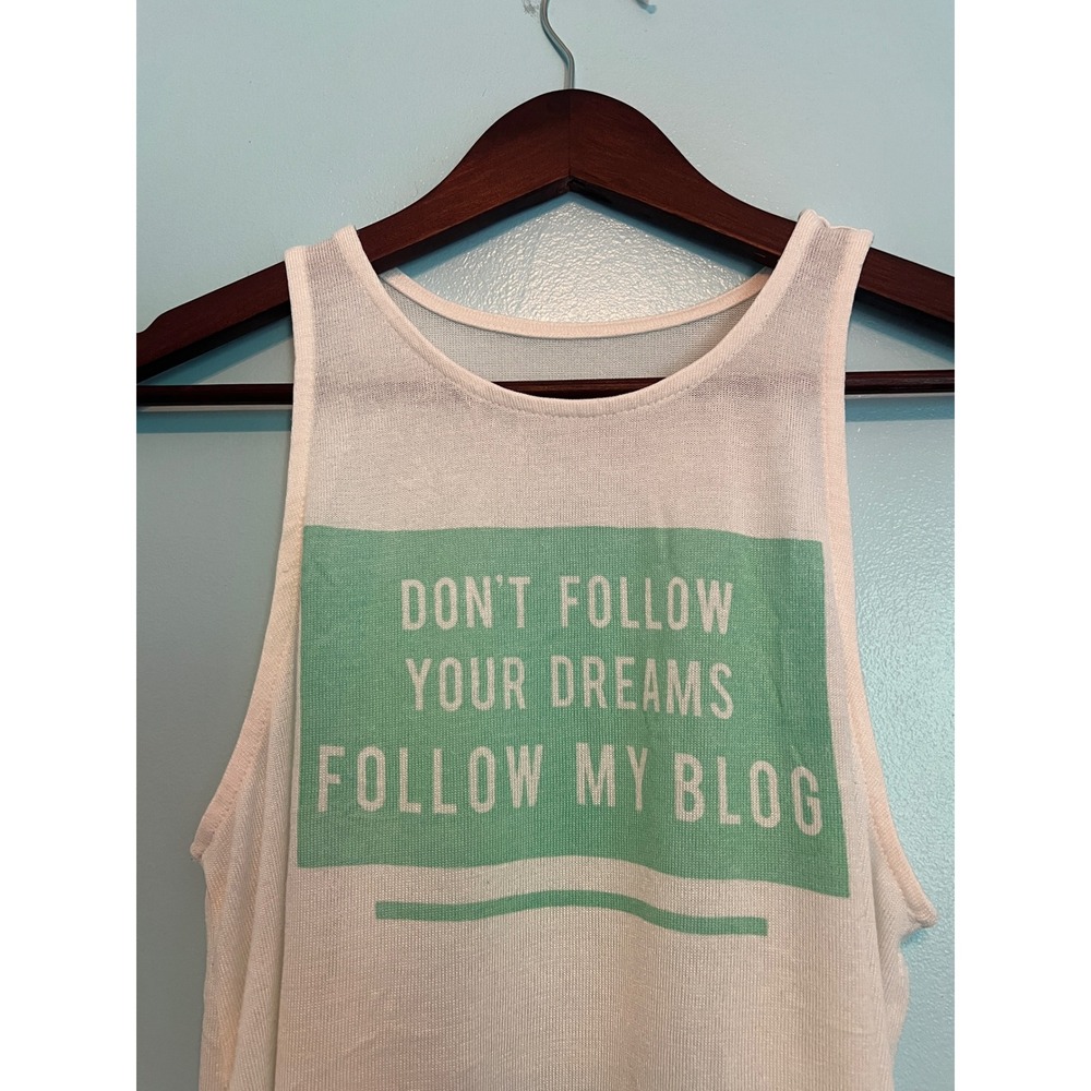 Vintage Early 2000s Blogger Writer Graphic Tank Top White Mint Green Y2K Cotton
